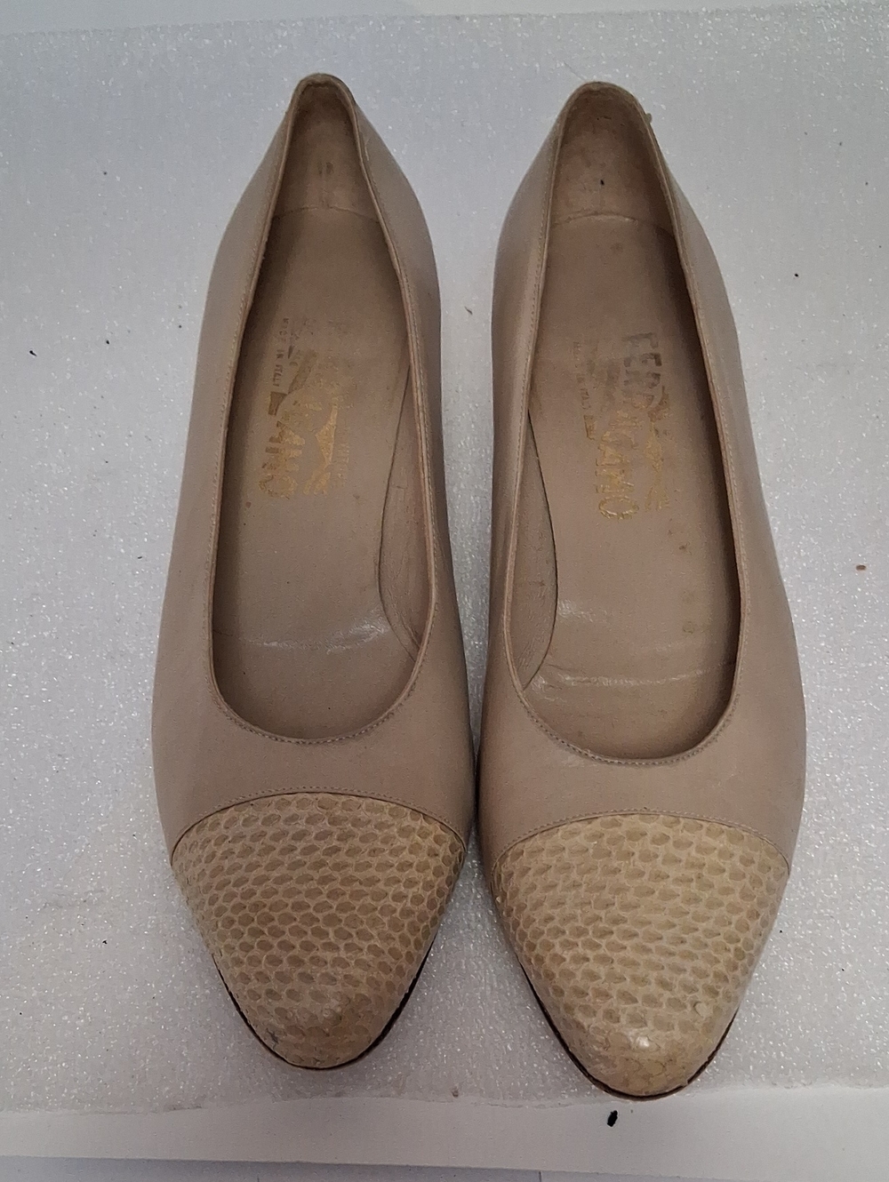 Salvatore Ferragamo Beige Pointed Toe Flats with Textured Cap
